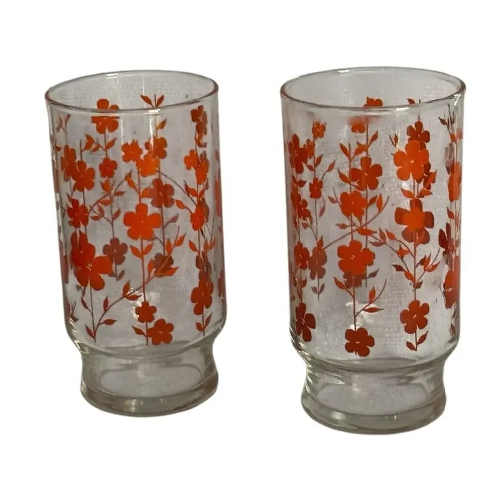 VTG‎ Libby (?) Orange Flower Floral Drinking Glasses (2) Tumbler MCM Cottagecore